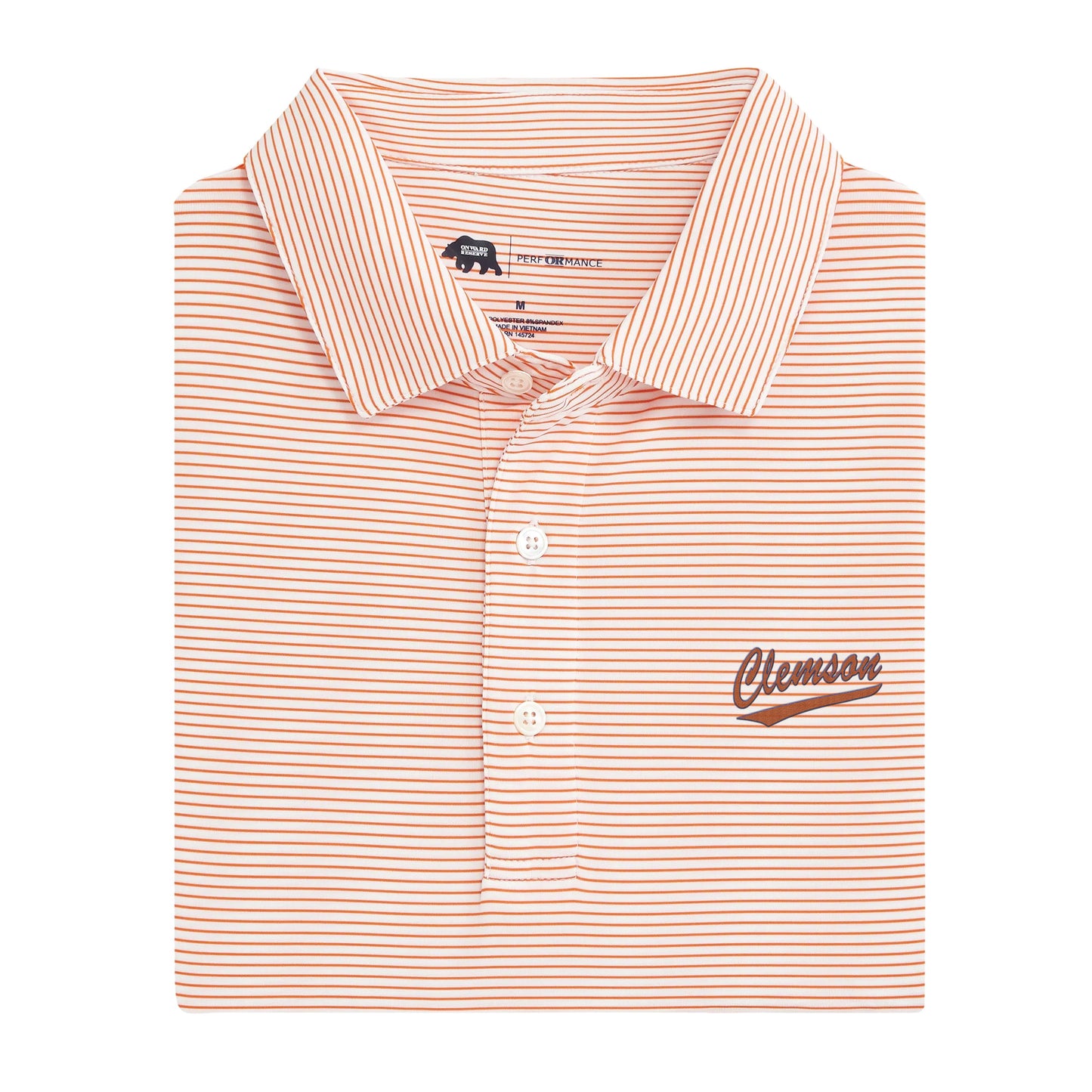 Clemson Script Birdie Stripe Performance Polo - Orange