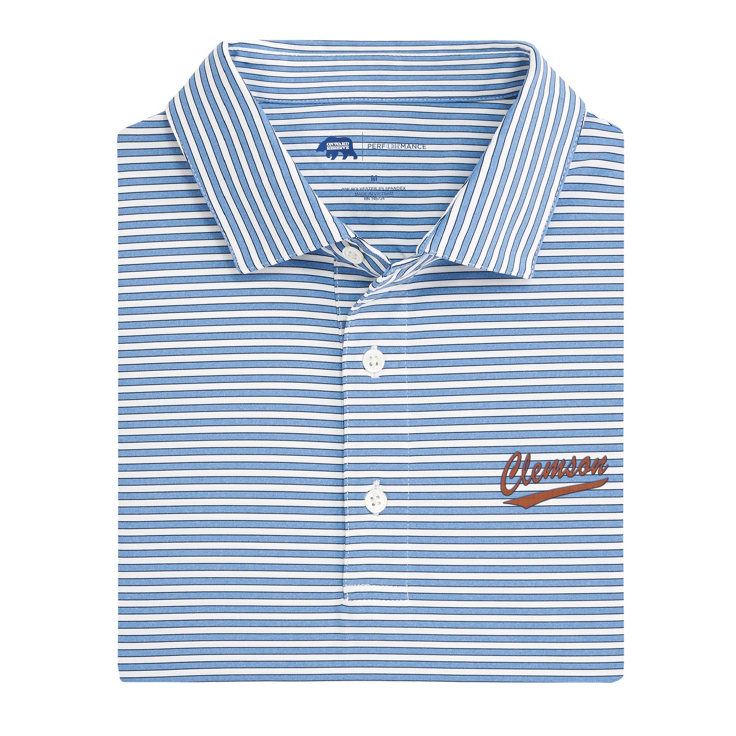 Clemson Script Mulligan Stripe Performance Polo - Sky