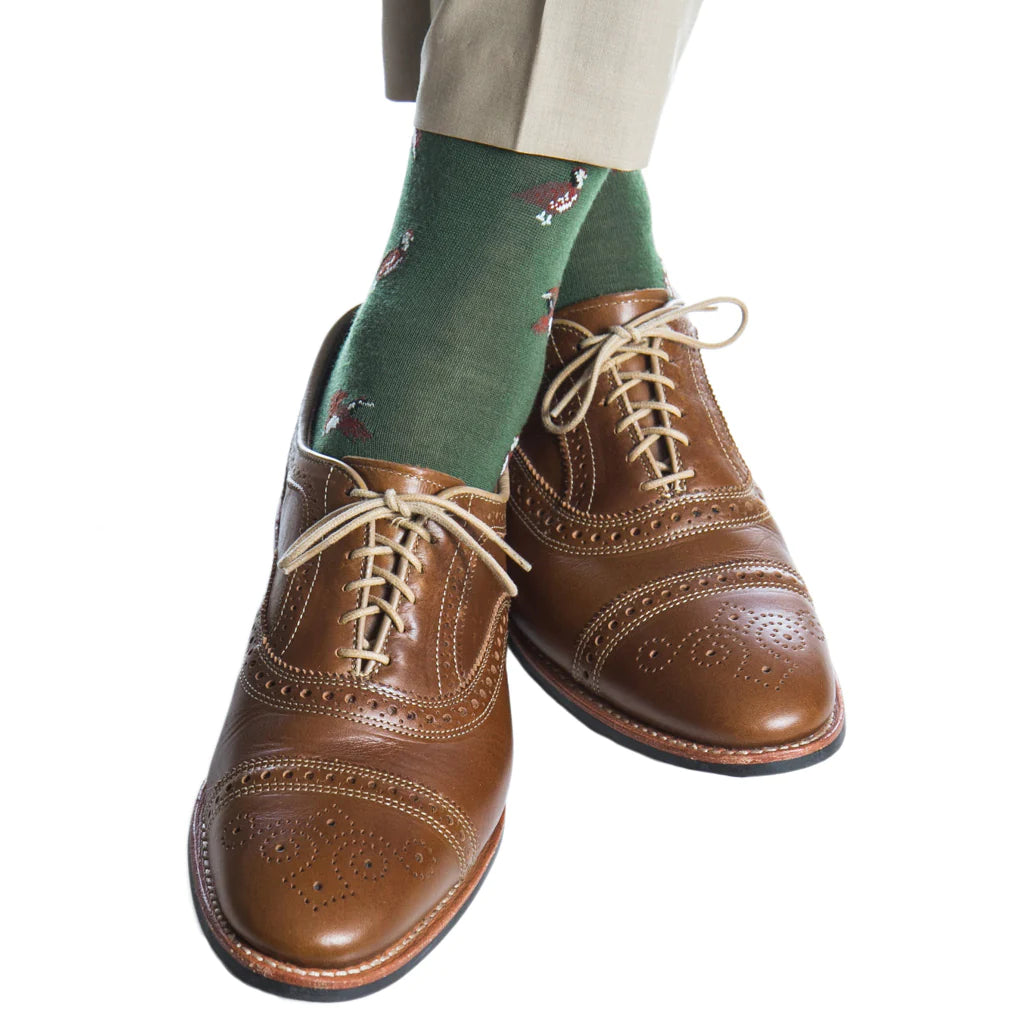 Pine Green with Coffee Brown, Brown, Cream Quail Merino Wool Sock Mid-Calf