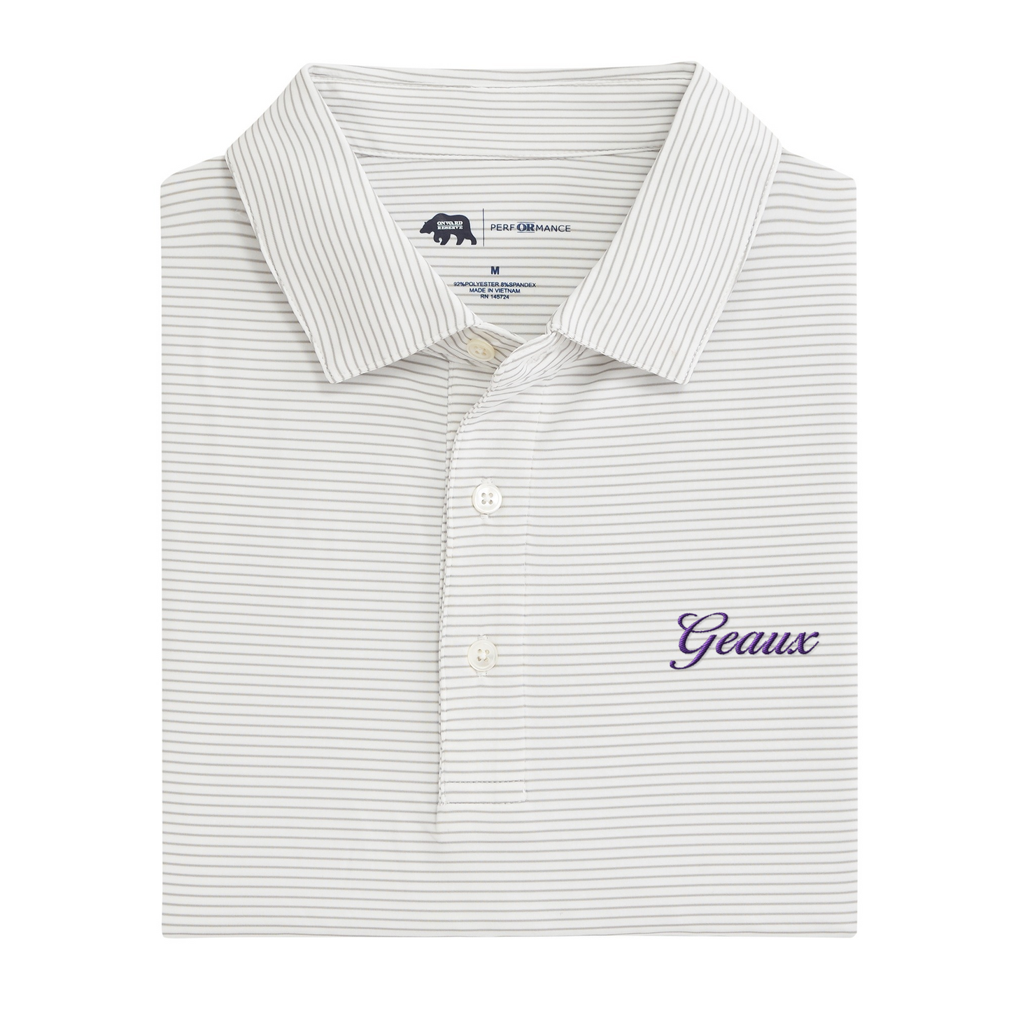 LSU Geaux Vintage Script Birdie Stripe Performance Polo