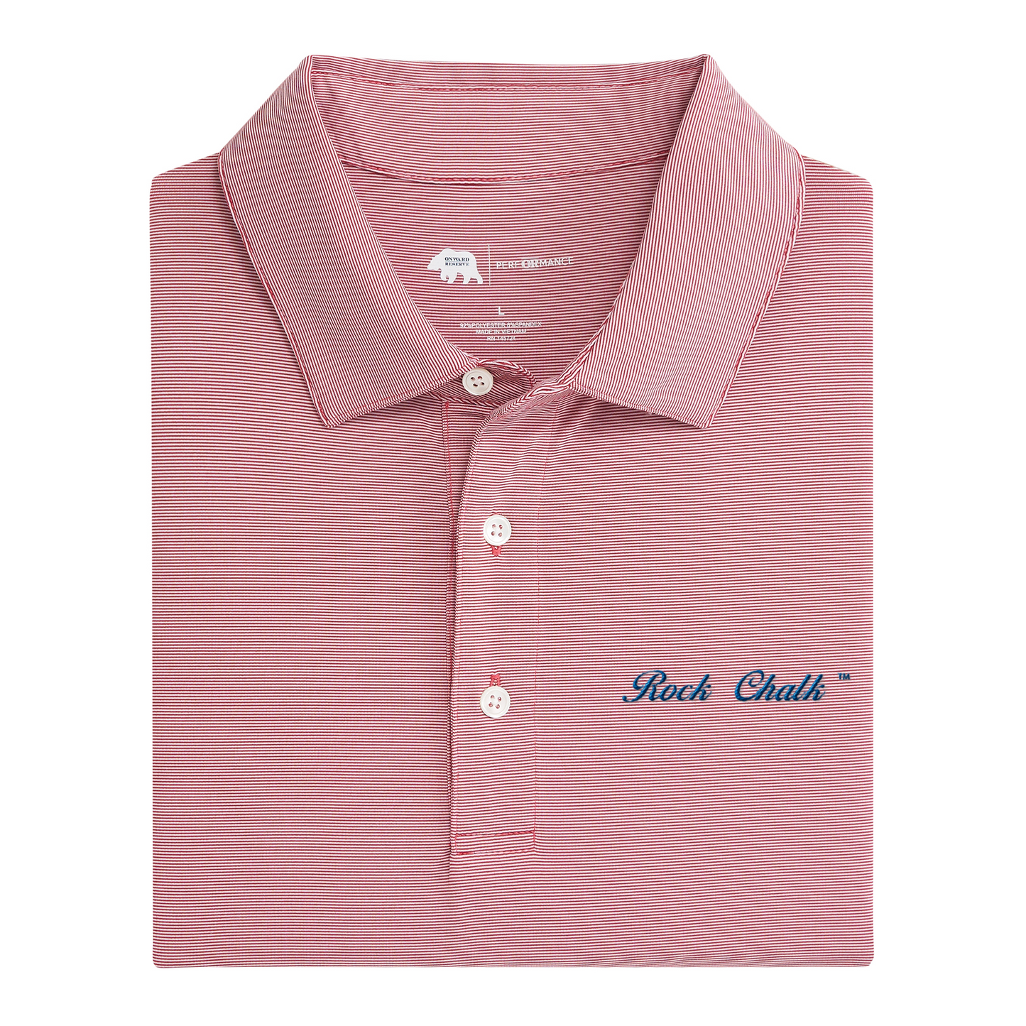 Kansas Rock Chalk Vintage Script Hairline Stripe Performance Polo