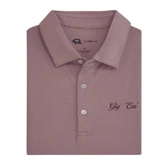 Gig 'Em Vintage Script Hairline Stripe Performance Polo - Maroon