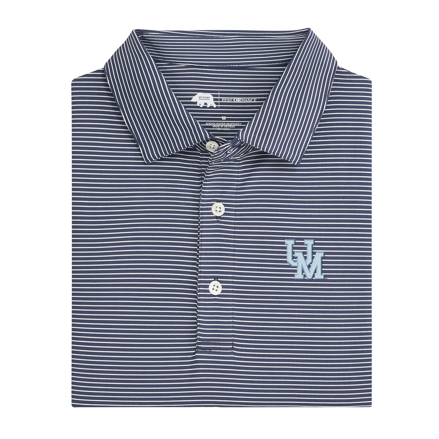 Ole Miss Interlocking UM Birdie Stripe Performance Polo - Dark Denim