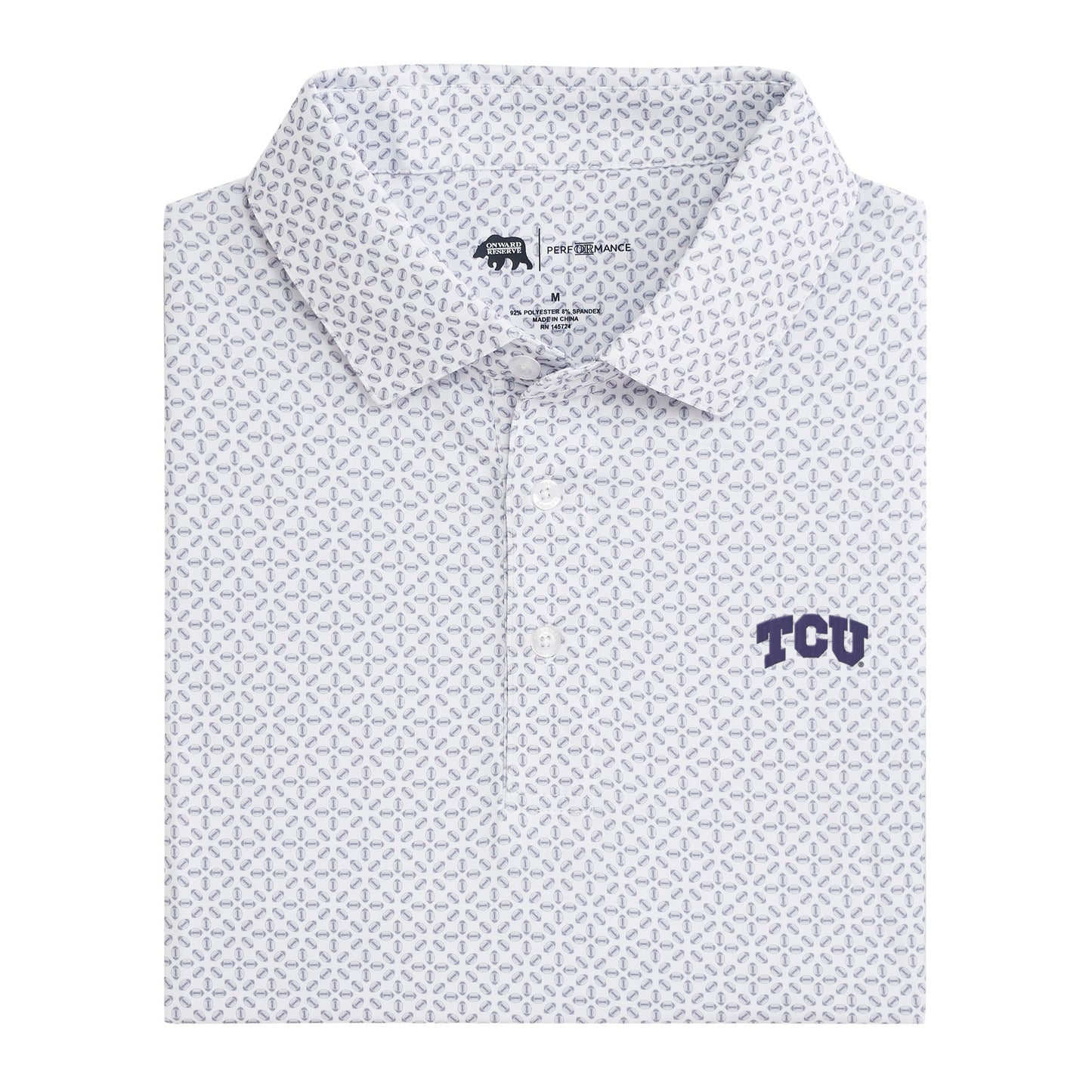 Front view of white TCU Block Gameday Printed Performance Polo with TCU embroidered logo.