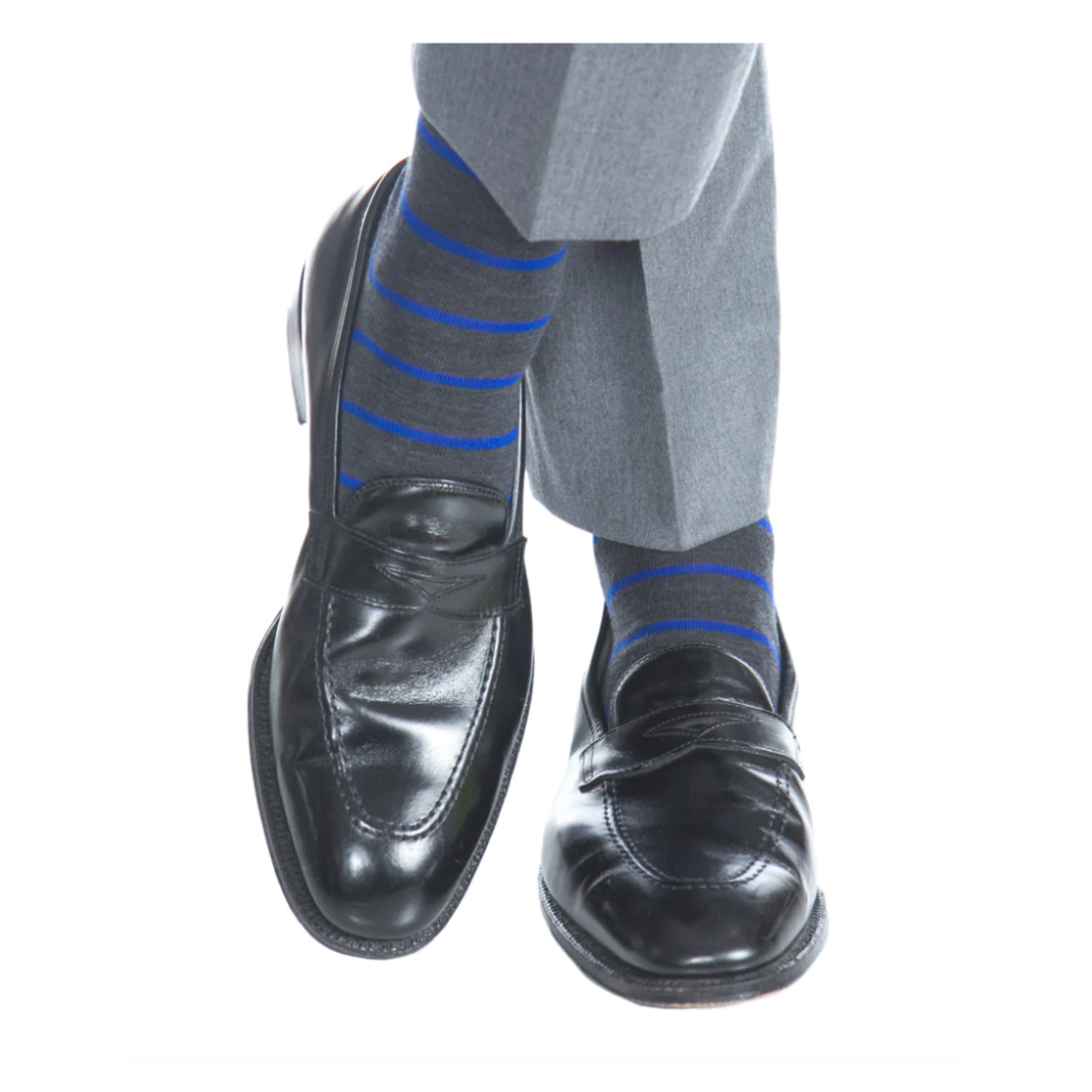 Charcoal with Cobalt Blue Stripe Merino Wool Sock Linked Toe