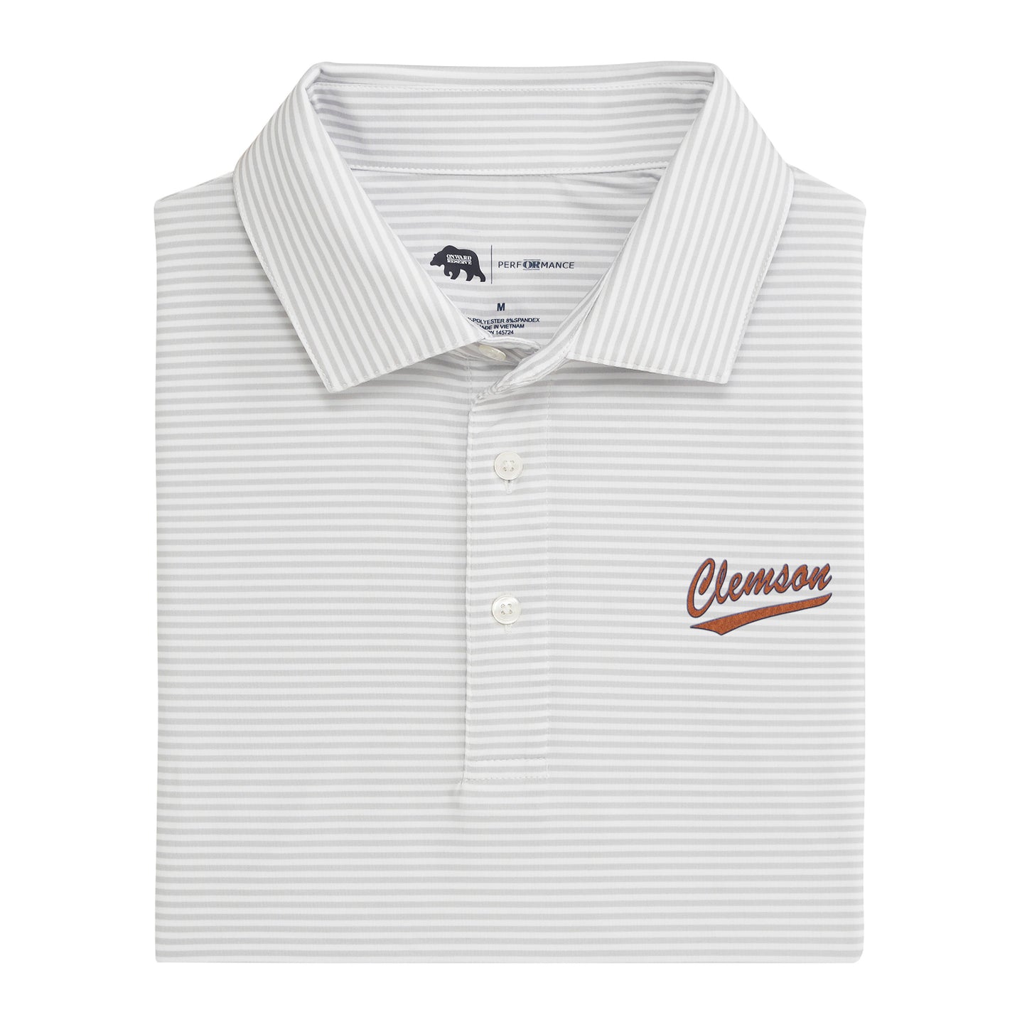 Clemson Script Echo Stripe Performance Polo - Harbor Mist