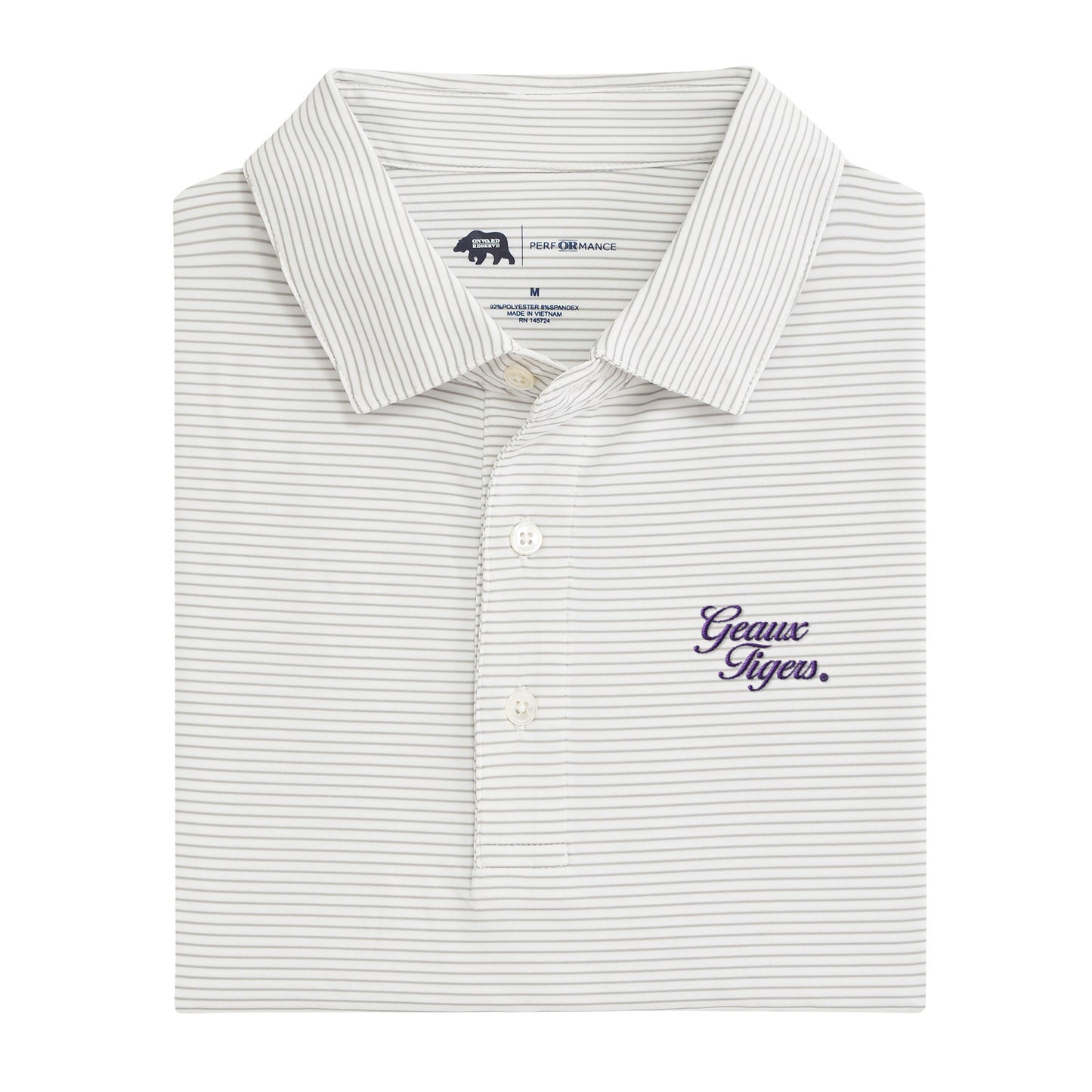 LSU Geaux Vintage Script Birdie Stripe Performance Polo