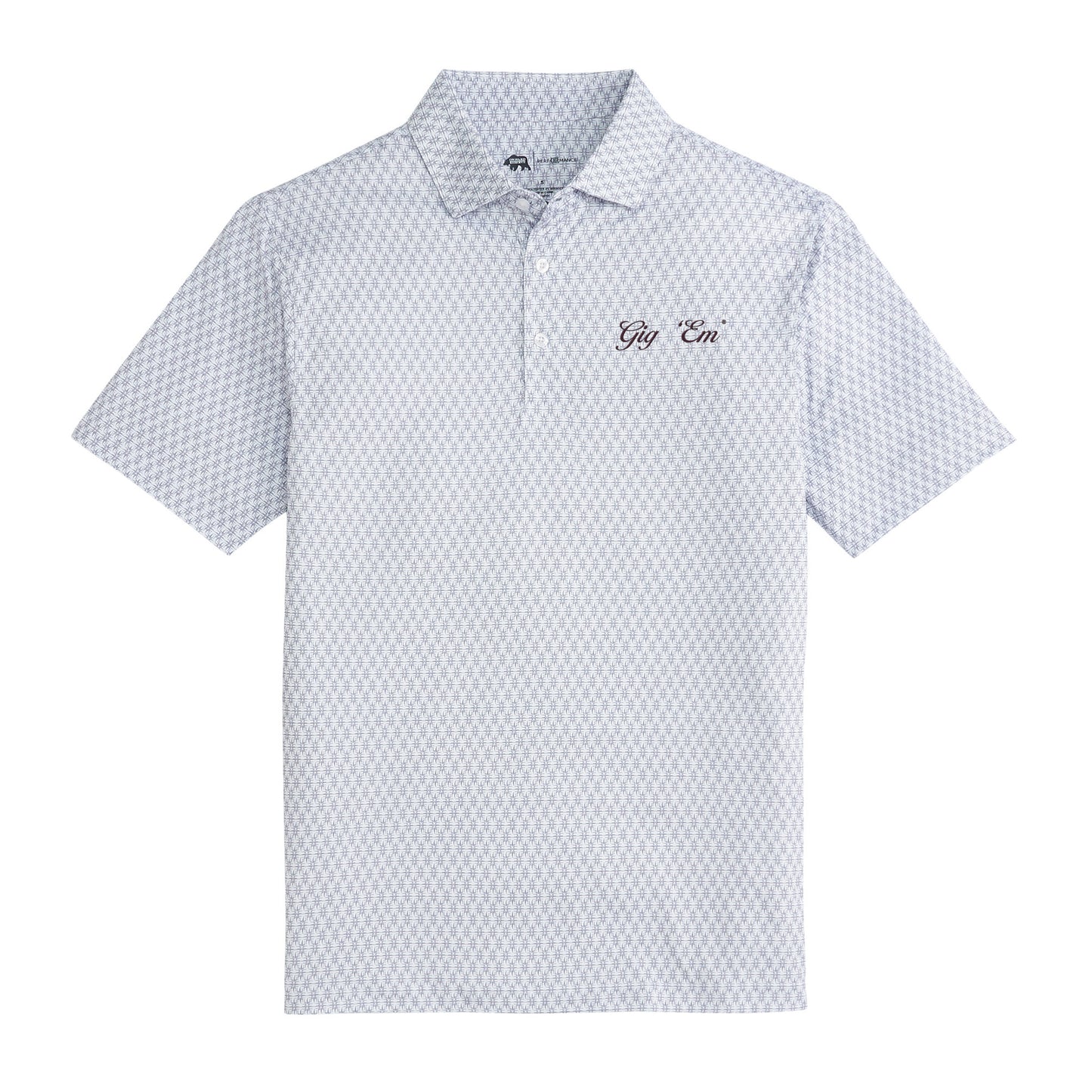 Gig 'Em Vintage Script Tents Printed Performance Polo - White