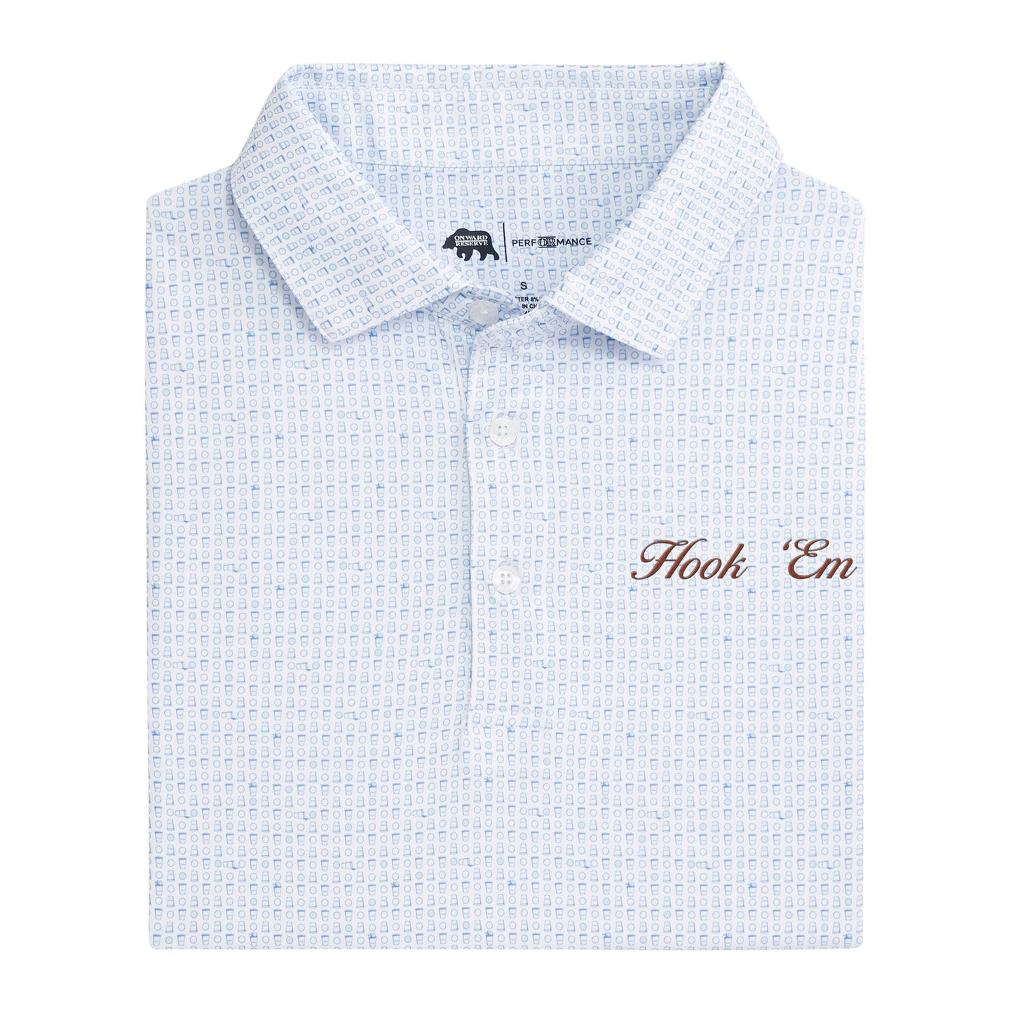 Hook 'Em Vintage Script Tailgate Games Printed Performance Polo - Open Air