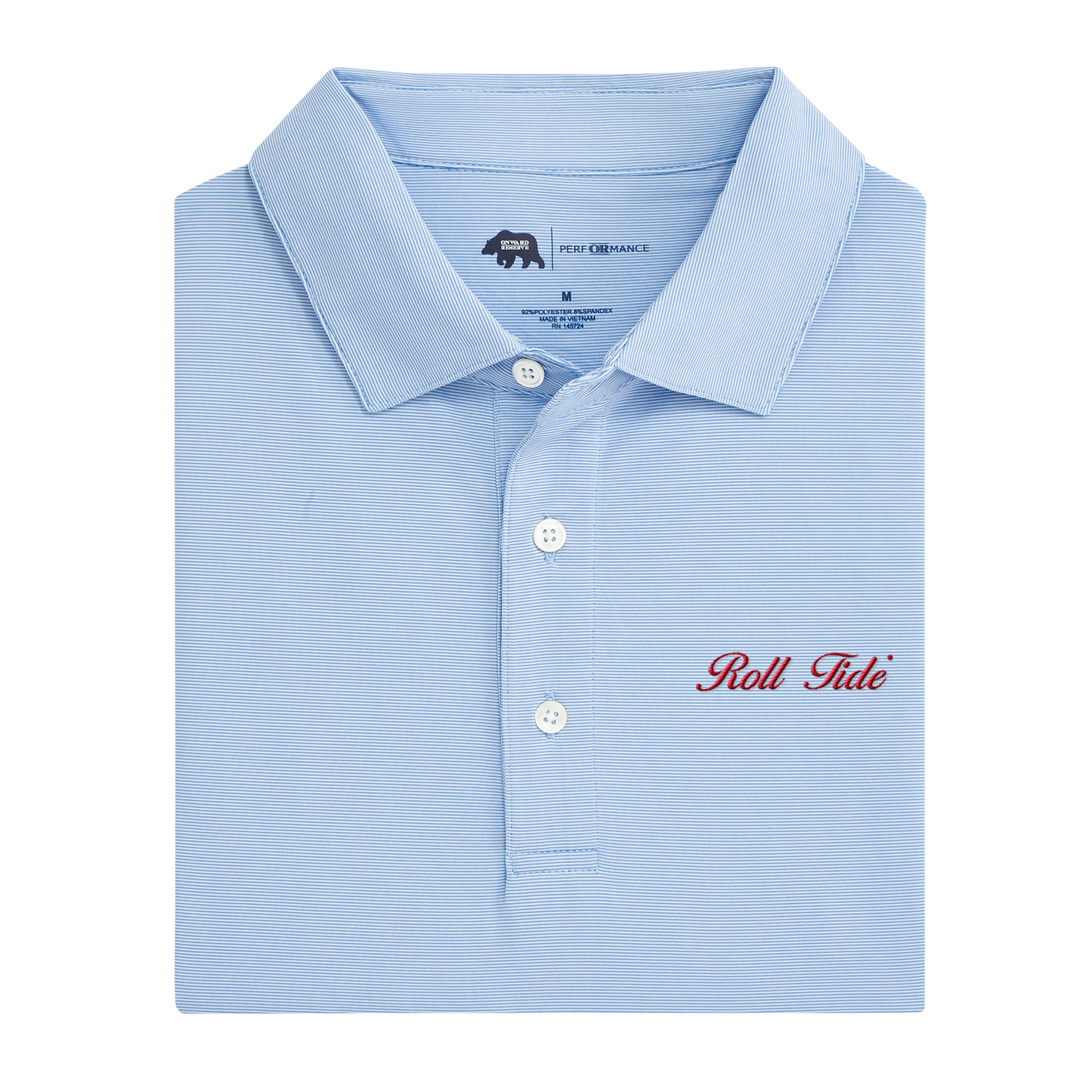 Alabama Roll Tide Vintage Script Hairline Stripe Performance Polo