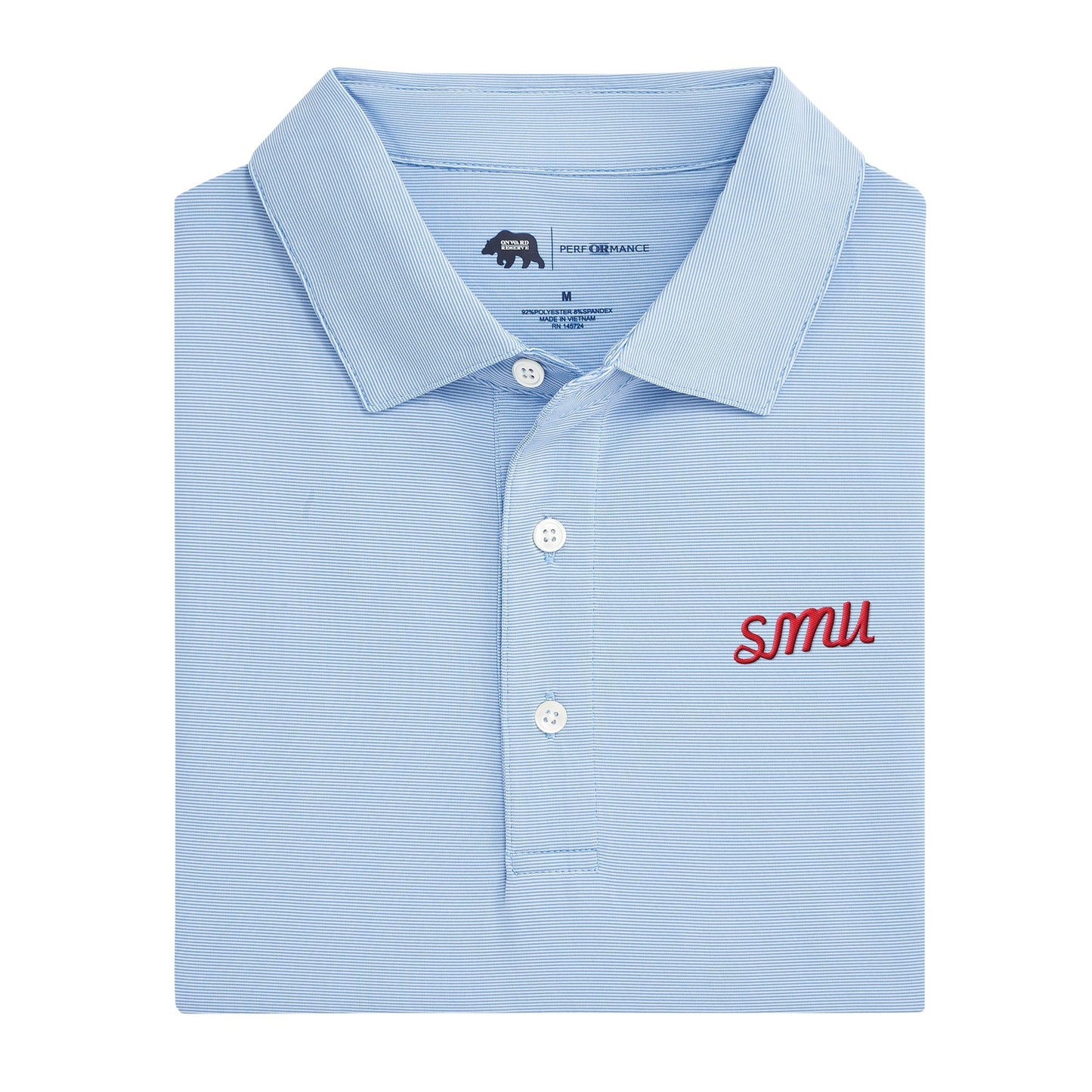 SMU Vintage Script Hairline Stripe Performance Polo - Sky