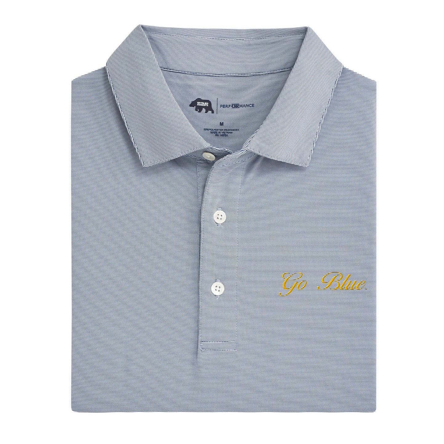 Michigan Go Blue Script Hairline Stripe Performance Polo