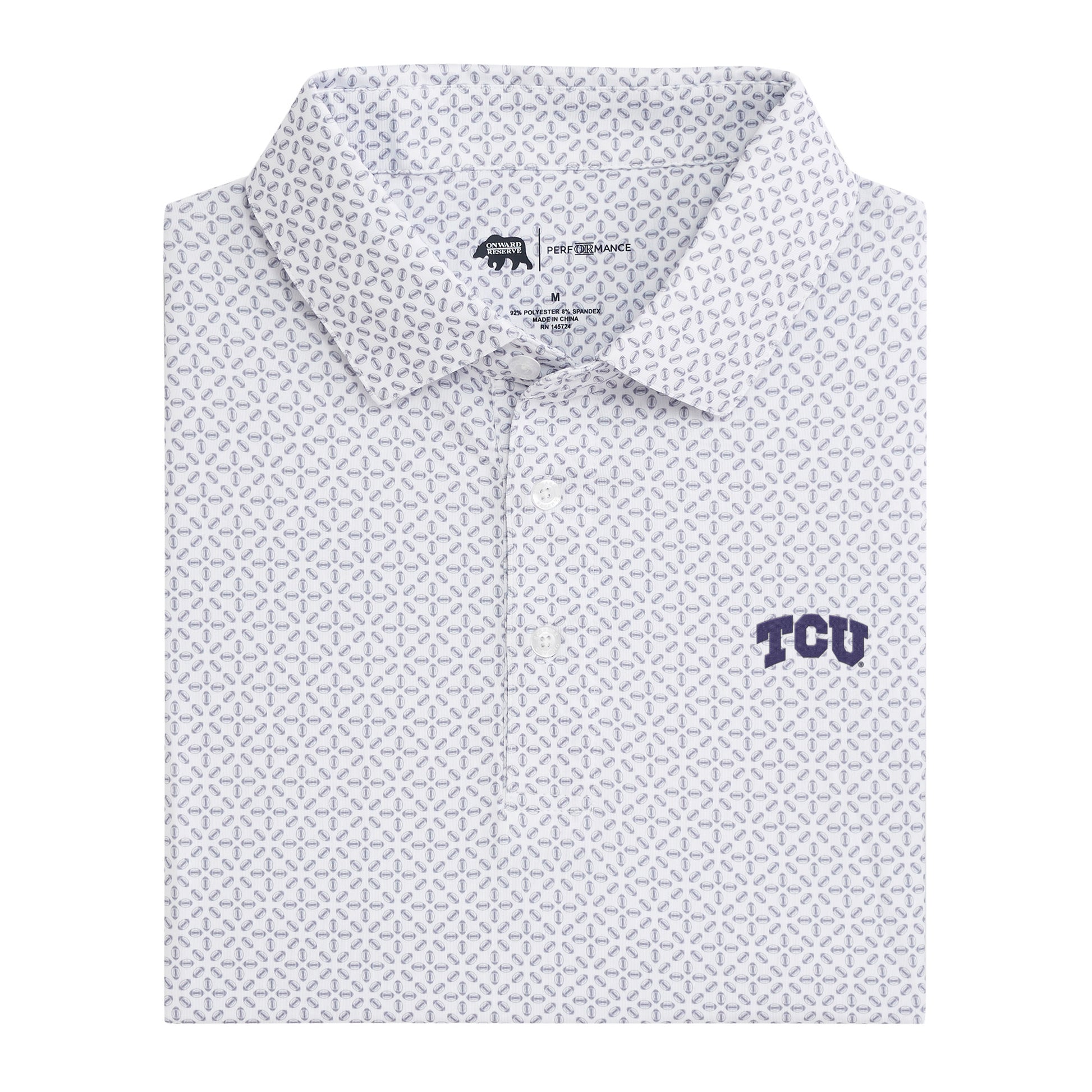 Front view of white TCU Block Gameday Printed Performance Polo with TCU embroidered logo.