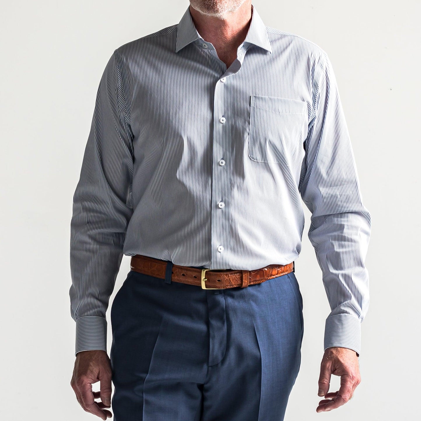 True Navy/White Stripe Tailored Fit Spread Collar Shirt - Onward Reserve