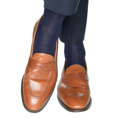 Classic Navy Solid Ribbed Cotton Sock Linked Toe Mid-Calf
